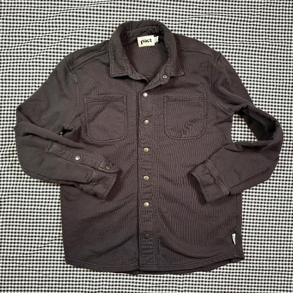 PACT Organic Cotton Shacket Snap Collared Grey Sweatshirt Mens Size Large